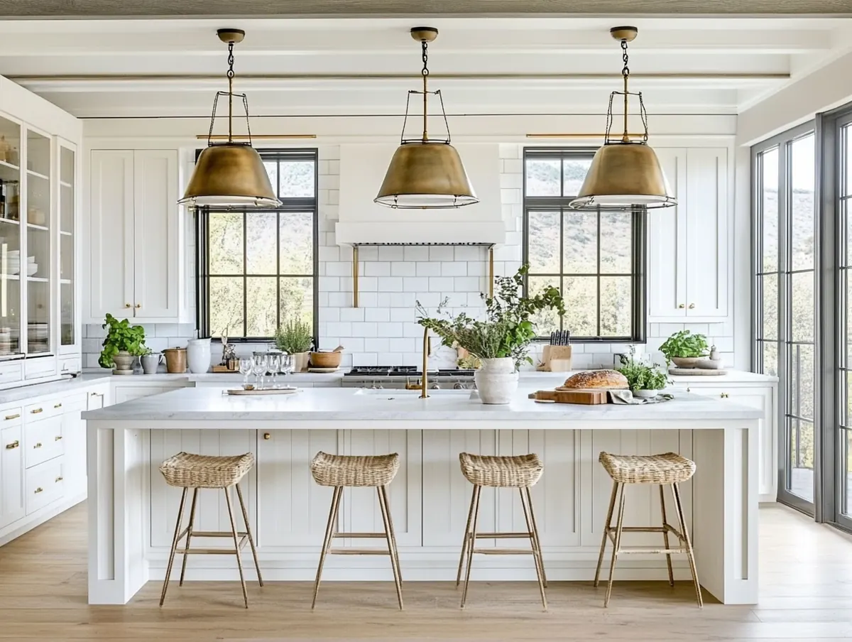 A bright, airy kitchen with white cabinets and pendant lighting