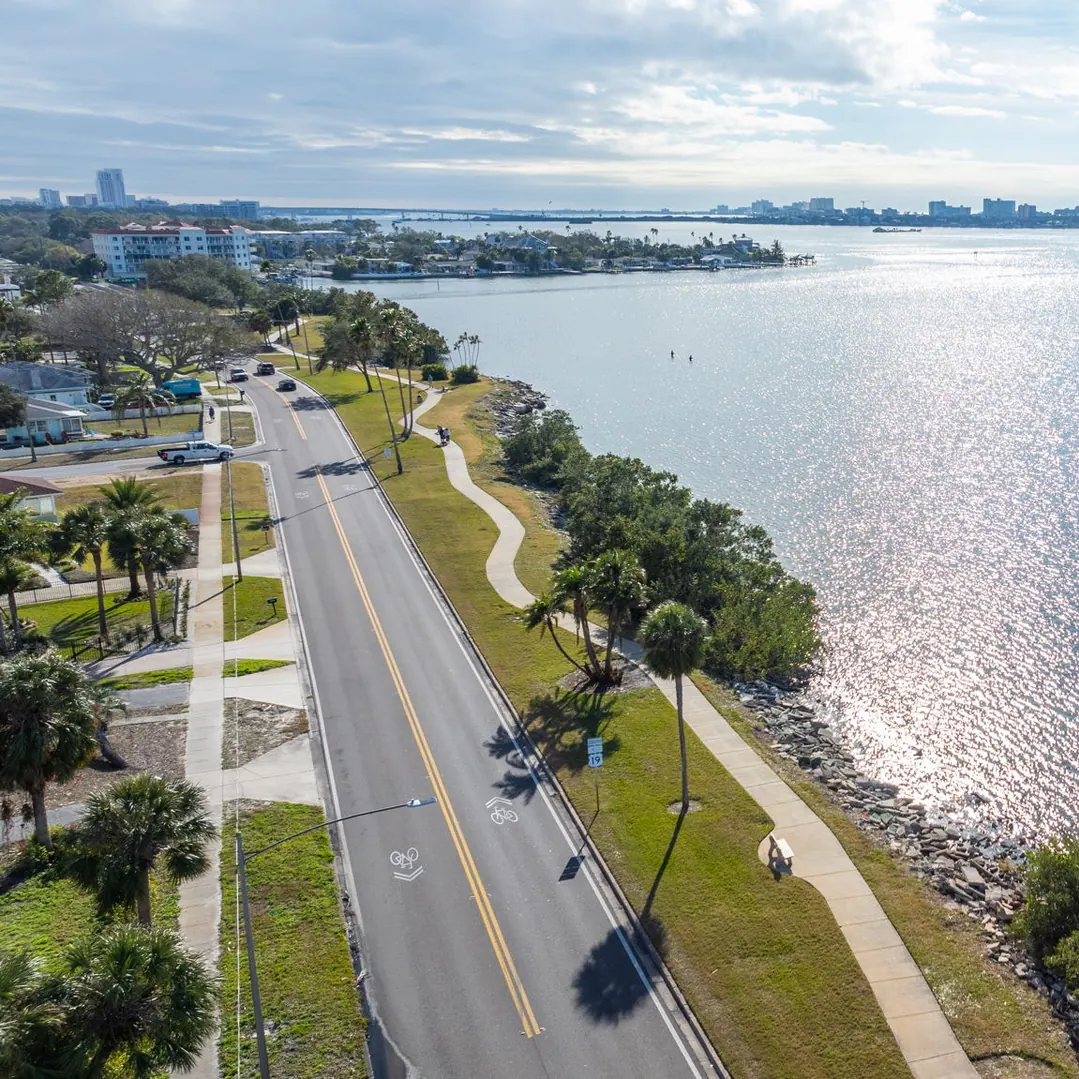An aerial view of the Dunedin waterfront and causeway