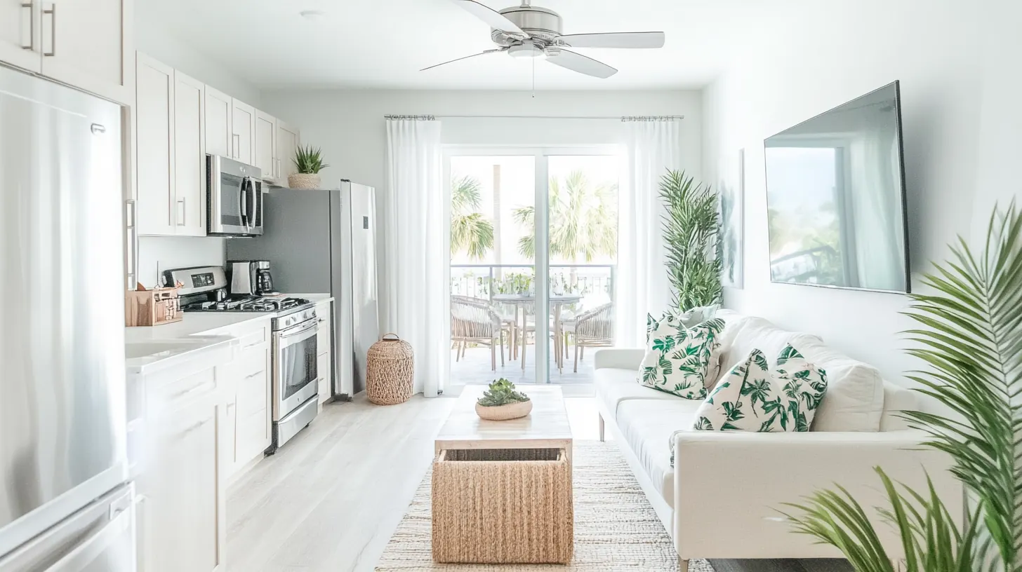 A bright, stylish small-space Florida condo living room