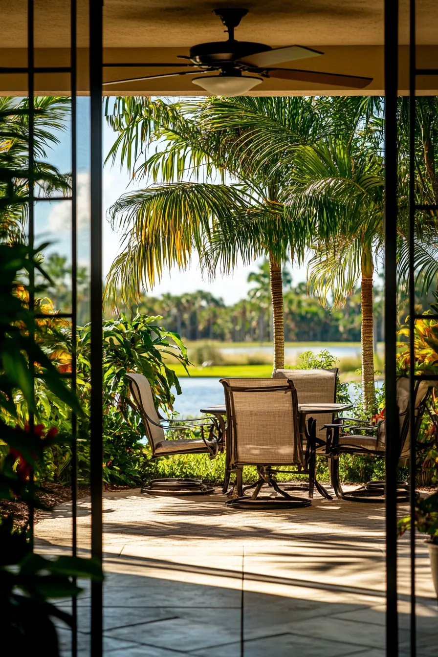 A scenic view from a Florida lanai looking out over the water