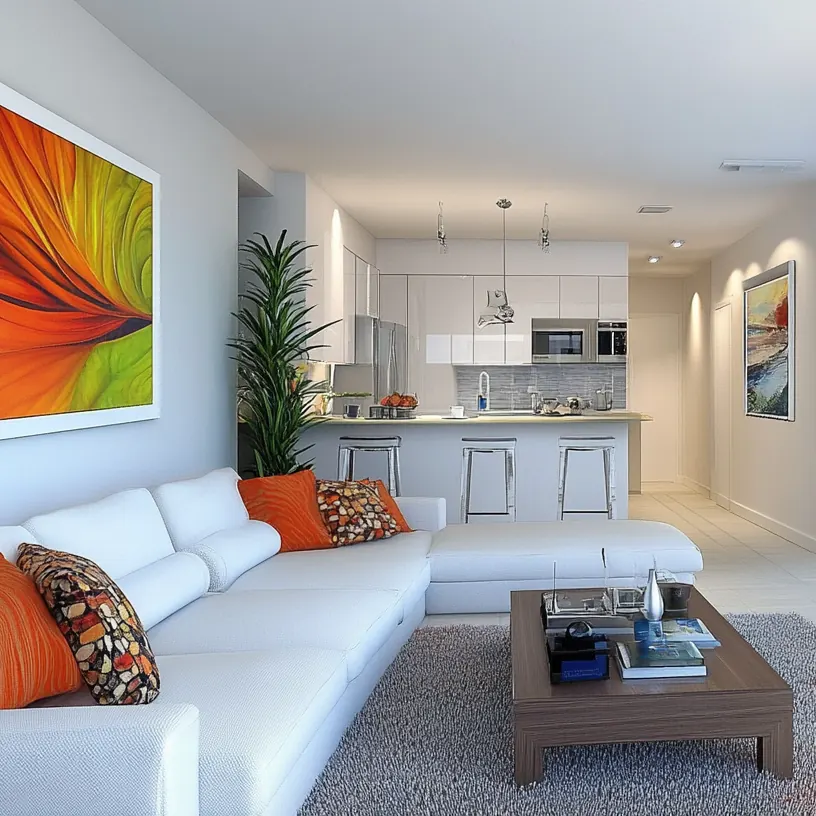 A bright, small-space Florida condo interior with a white sofa